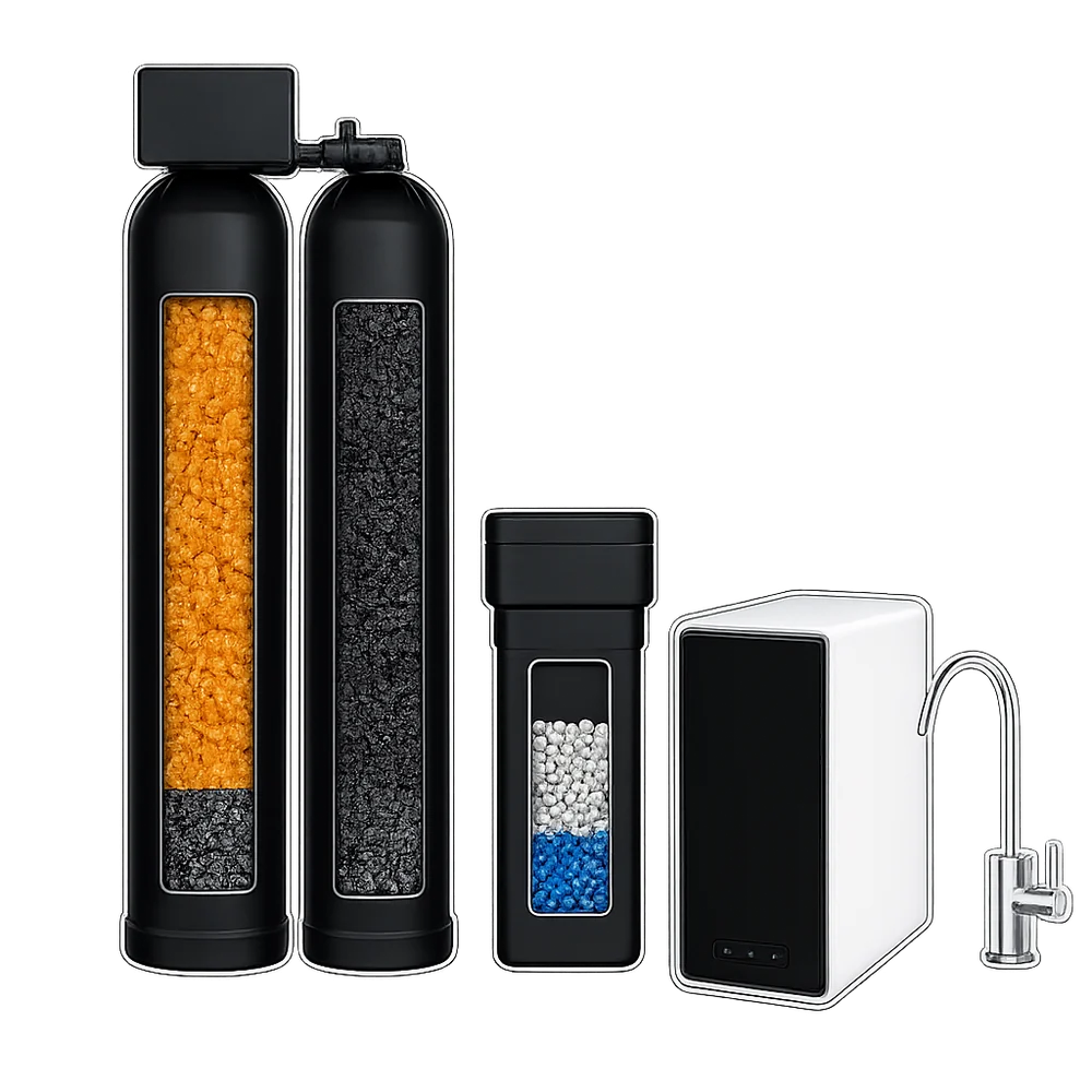 City water dual-tank water softener with salt-free conditioner and tankless reverse osmosis drinking water system