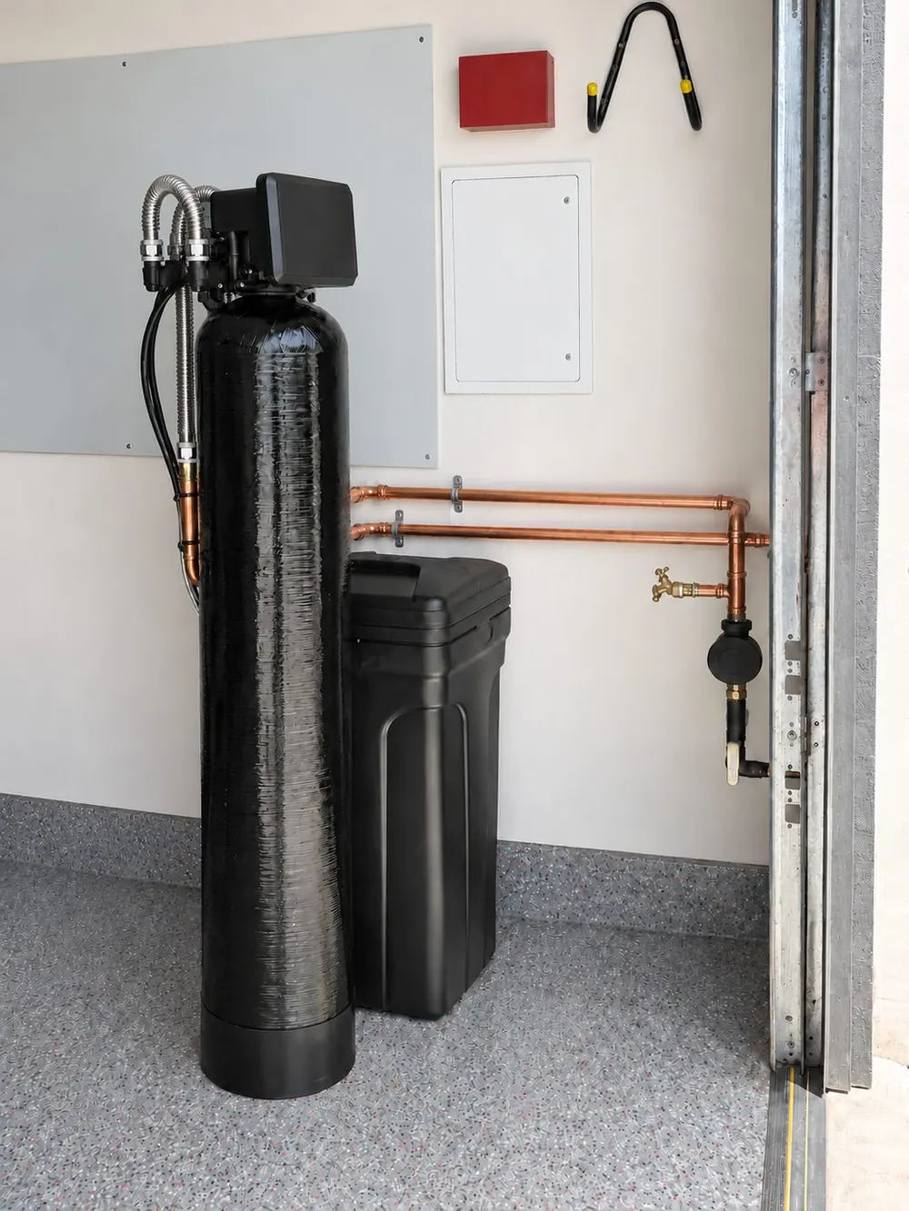 Sol Connection garage water softener installation with copper plumbing in Southern California