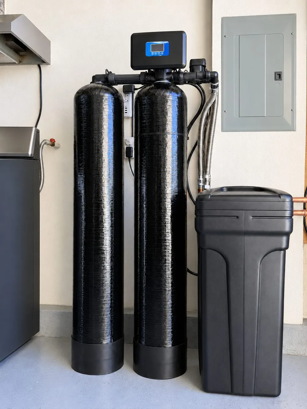Sol Connection outdoor dual-tank water softener installation with smart valve display in Southern California