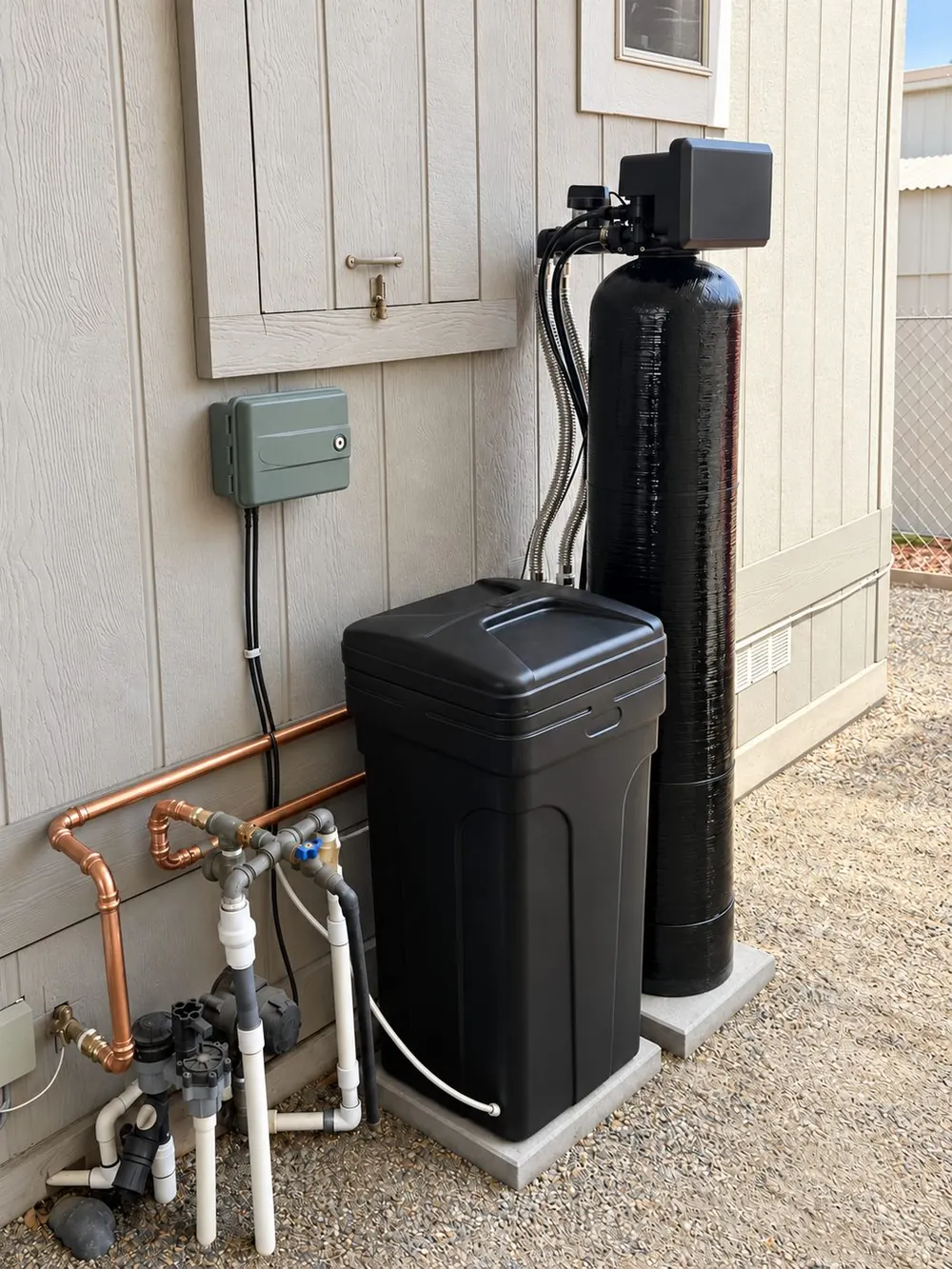 Sol Connection side-yard water softener installation with copper manifold in Southern California