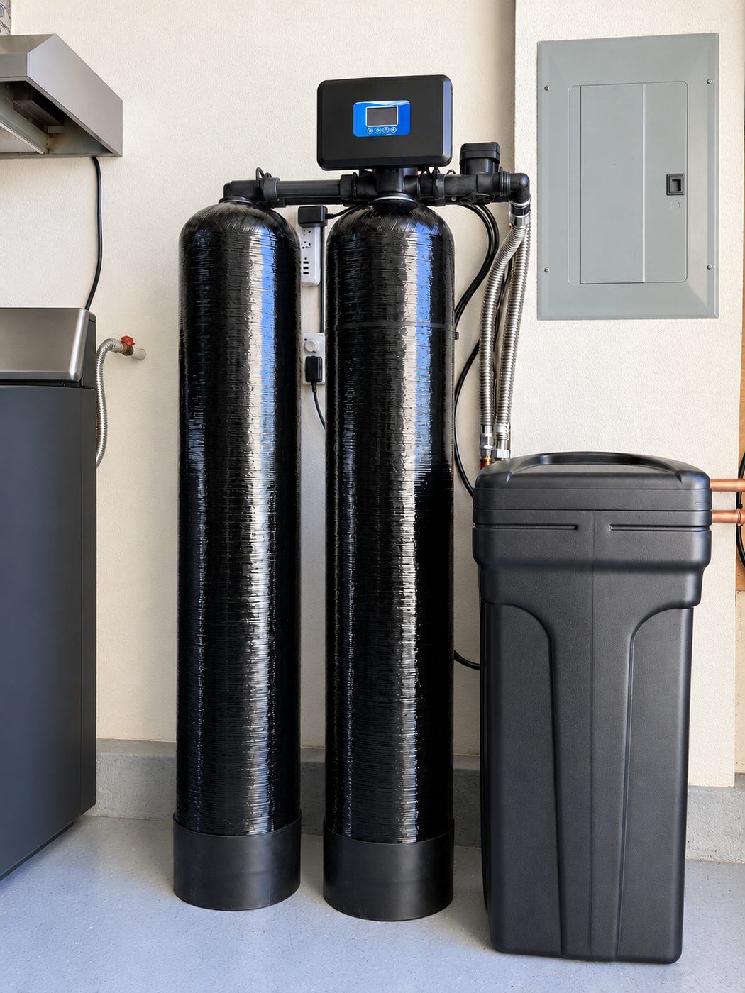 Sol Connection outdoor dual-tank water softener installation with smart valve display in Southern California