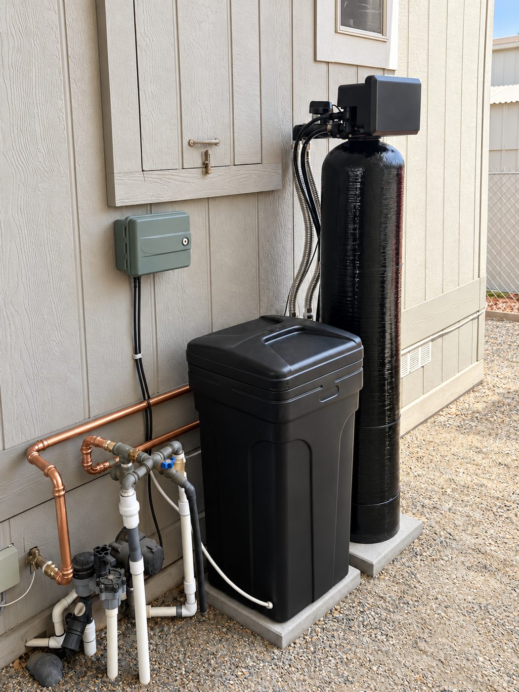 Sol Connection side-yard water softener installation with copper manifold in Southern California